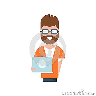 Professional programmer charatcter, smiling man holding laptop computer vector Illustration on a white background Vector Illustration