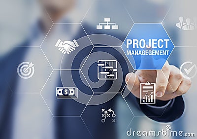 Professional project manager with icons about planning tasks and milestones on schedule, cost management, monitoring of progress, Stock Photo