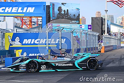 Professional racing driver Mitch Evans NZL of Panasonic Jaguar Racing Team driving his Formula E car 20 during 2019 NYC E-prix Editorial Stock Photo