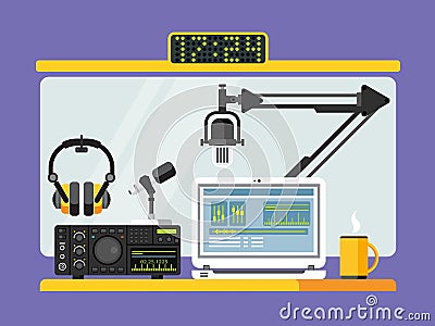 Professional radio station studio with microphones Vector Illustration
