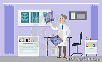 Professional radiologist male character doctor in white coat. Cancer disease diagnostic, treatment Vector Illustration