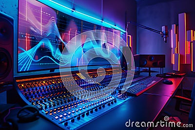 Professional recording studio equipment in a blue virtual environment which includes meta data machine learning Cartoon Illustration