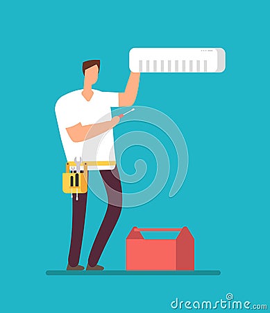 Professional repairman installing air conditioner. Repair of apartment cooler and air control service vector concept Vector Illustration