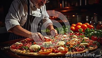 A professional restaurant chef prepares pizza from different ingredients Editorial Stock Photo