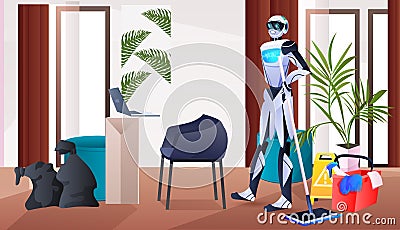 professional robot cleaner robotic janitor with equipment cleaning service artificial intelligence technology concept Vector Illustration