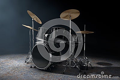 Professional Rock Black Drum Kit in the Volumetric Light. 3d Rendering Stock Photo