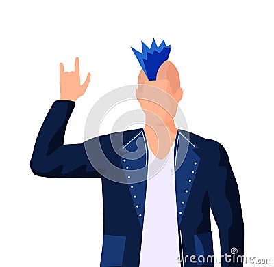 Professional rock performer with blue mohawk. Musician in leather jacket spreads his arms to sides Vector Illustration