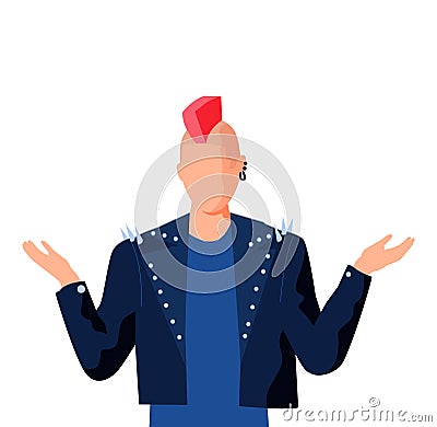 Professional rock performer with red mohawk. Musician in leather jacket spreads his arms to sides Vector Illustration