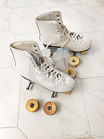 old-fashioned roller skates with removed wheels Stock Photo