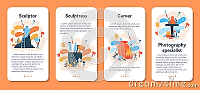 Professional sculptor mobile application banner set. Creating sculpture Vector Illustration