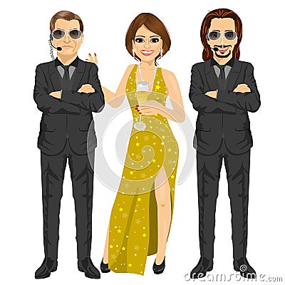 Professional security guard standing with arms folded protecting famous woman with a glass of champagne Vector Illustration