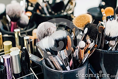 Professional set of make-up brushes ready to work. Stock Photo