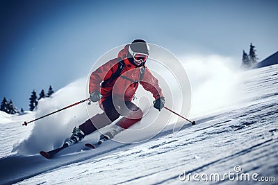 Professional skier athlete skiing at sunset on top of alps ski resort Stock Photo