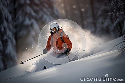 Professional skier athlete skiing at sunset on top of alps ski resort Stock Photo
