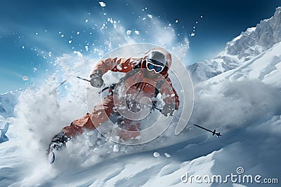 Professional skier athlete skiing at sunset on top of alps ski resort Stock Photo