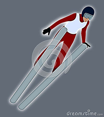 Professional skier jumping from a very large ski jump she is dressed in a red jumpsuit Cartoon Illustration