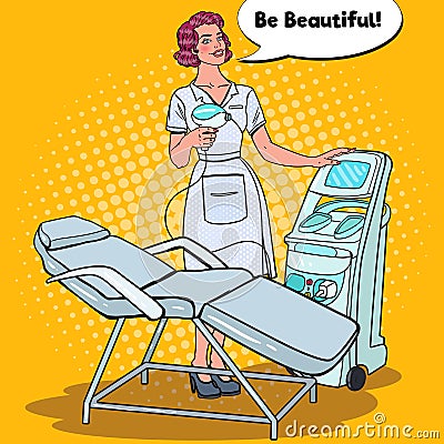 Professional Skin Treatment Beauty Clinic. Pop Art Woman Cosmetologist with Laser Removal Machine Vector Illustration