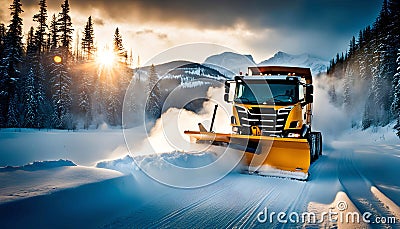 Professional snow removal in winter, a large professional snow blower clears the road of snow and ice, Cartoon Illustration