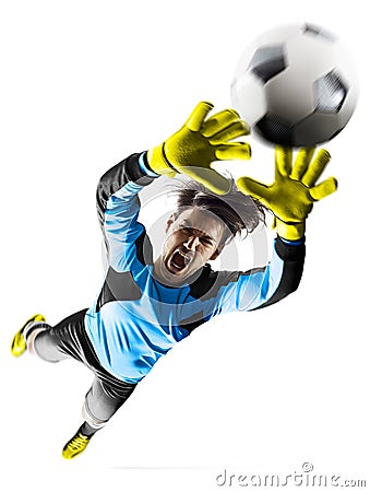 Professional soccer goalkeeper in the action on white background Stock Photo