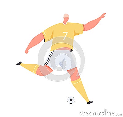 Professional soccer player running and kicking ball. Sportsman playing European football. Male footballer in uniform Vector Illustration