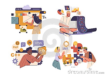 Professional software developers characters coding website, designing application, writing code Vector Illustration