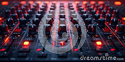 Professional sound mixer panel with volume regulators used for live music events and recording Stock Photo
