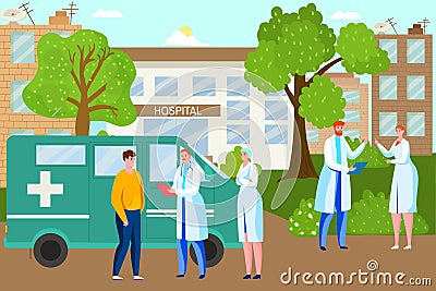 Professional specialist doctor character together stand near with ambulance car flat vector illustration, medical Vector Illustration