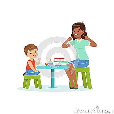 Professional speech therapy for preschool kid with therapist in kindergarten. Isolated flat vector Vector Illustration