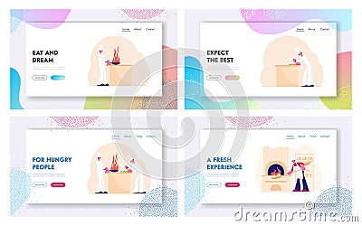 Professional Staff Cooking Website Landing Page. Chef Characters in White Uniform and Toque Prepare Food Vector Illustration