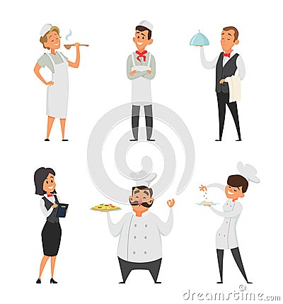 Professional staff of the restaurant. Cook, waiter and other cartoon characters Vector Illustration