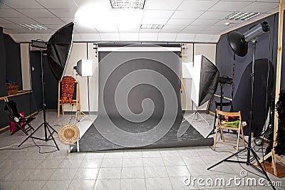 Professional studio interior with black background Stock Photo