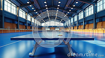 Professional table tennis arena with illuminated tables, blue floor no spectators empty, preparing for sports tournament Stock Photo