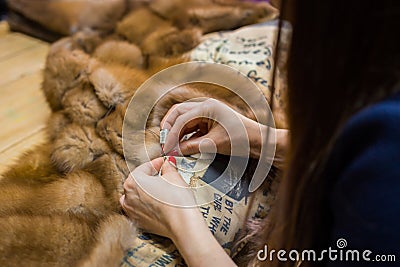 Tailor repairing fur coat Stock Photo