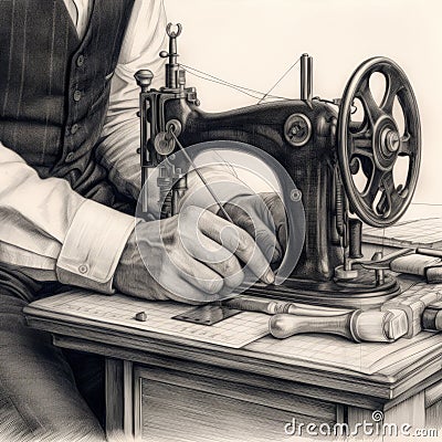 professional tailor working at an old-fashioned sewing machine, pencil drawing,generated with AI. Stock Photo