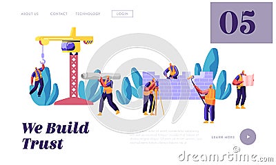 Professional Team Builder in Uniform in Process Construction Landing Page. Worker Engineer on Build House Work. Stage Project Vector Illustration