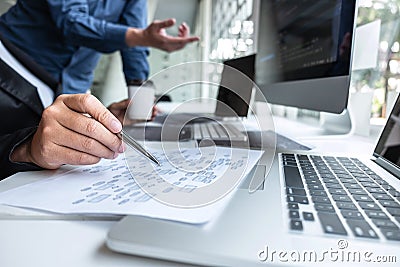 Professional Team of programmer working on project in software development computer in IT company office, Writing codes and data Stock Photo