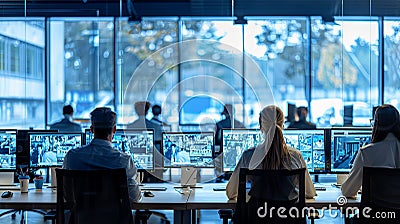 Professional IT technical support specialists working on computers in monitoring control room Stock Photo