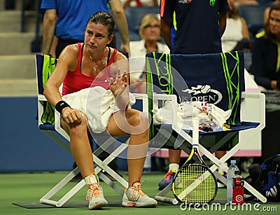 Professional tennis player Anastasija Sevastova of Latvia needs medical attention during her US Open 2016 quarter final match Editorial Stock Photo