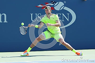 Professional tennis player Jack Sock of United States in action during his round four match at US Open 2016 Editorial Stock Photo