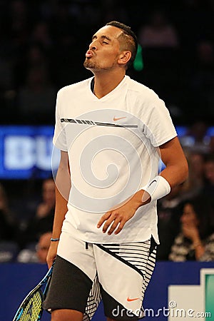 Professional tennis player Nick Kyrgios of Australia in action during BNP Paribas Showdown 10th Anniversary tennis event Editorial Stock Photo