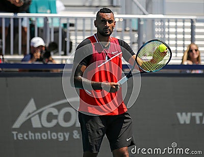 Professional tennis player Nick Kyrgios of Australia in action during his 2022 Miami Open round of 16 match Editorial Stock Photo