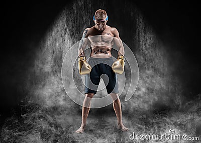 Professional Thai boxer stands in full combat gear. Muay Thai, kickboxing, martial arts concept Stock Photo