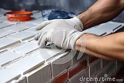 hands of the tiler are laying yellow ceramic tile on the wall. ai generated Stock Photo