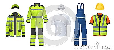 Professional uniform. Realistic work wear with helmet and reflective protective stripes. Isolated coveralls and Vector Illustration