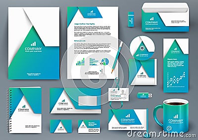 Professional universal blue branding design kit with origami element. Vector Illustration
