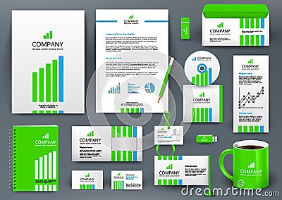 Professional universal branding design kit with green and blue lines. Vector Illustration