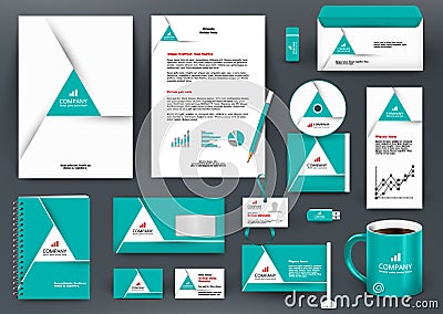 Professional universal green branding design kit with triangle origami element. Vector Illustration