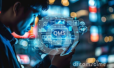 Professional utilizing digital interface to manage Quality Management System QMS icons for operational excellence compliance Stock Photo