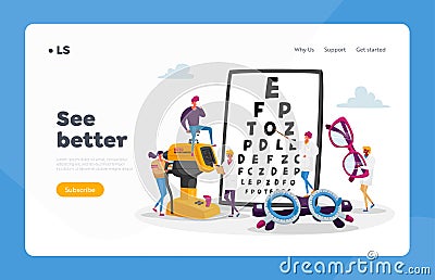 Professional Vision Optician Exam Landing Page Template. Ophthalmologist Doctor Check Eyesight, Eyeglasses Diopter Vector Illustration