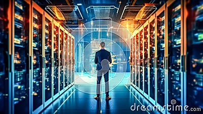 IT professional visually inspects working server cabinets in a data center Cartoon Illustration